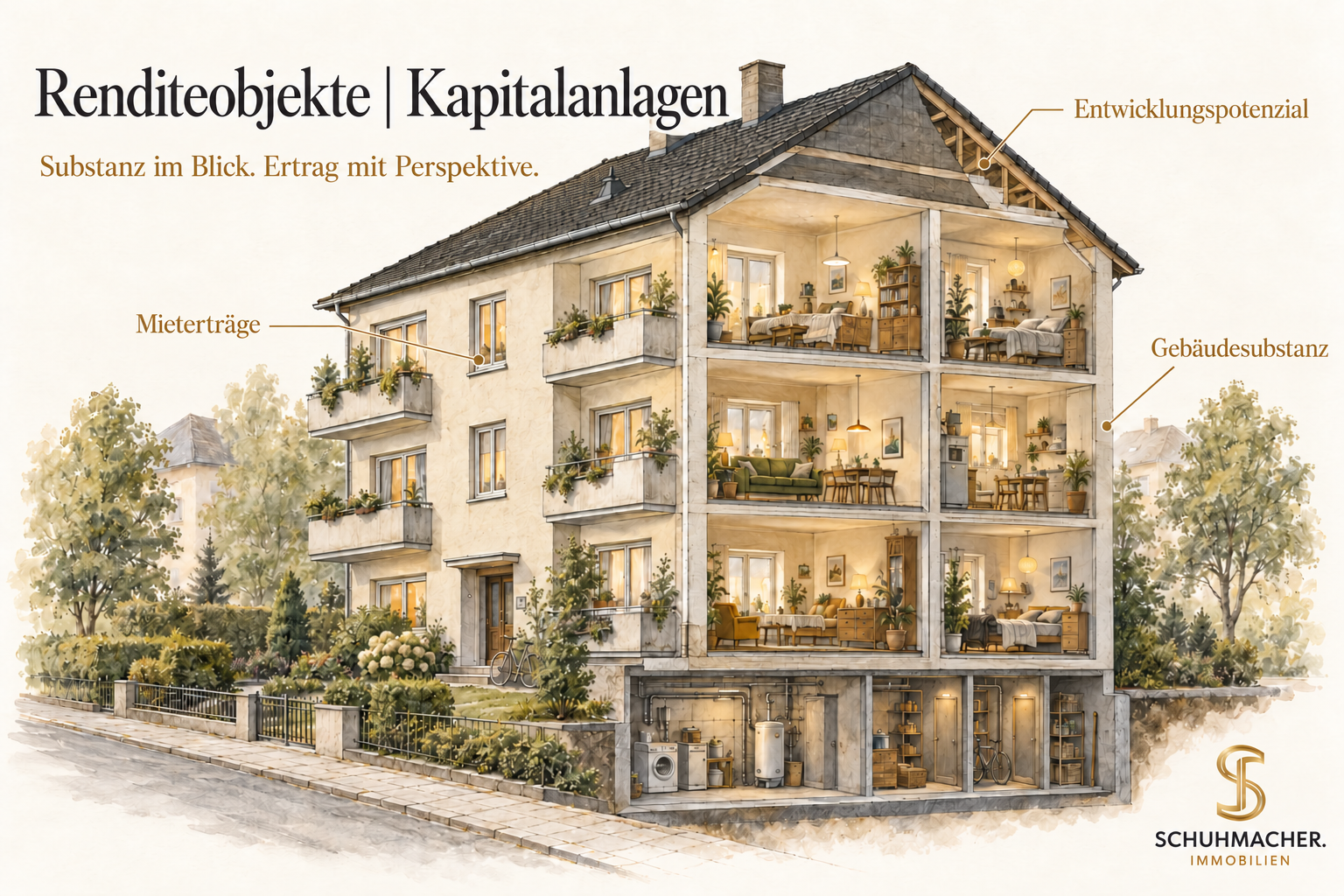 Mehrfamilienhaus mit den Schwerpunkten Mieterträge, Gebäudesubstanz und Entwicklungspotenzial. Renditeobjekte | Kapitalanlagen.